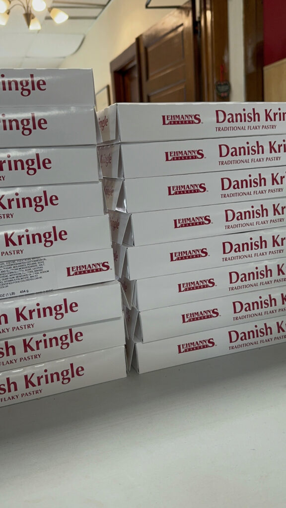 Stacked boxes of Lehmann's Bakery Danish Kringle pastries